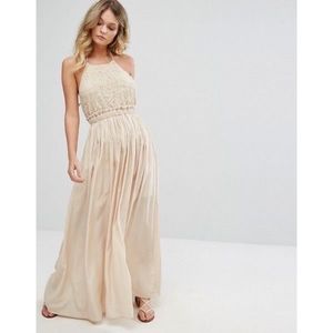 Moon River Halter Crochet Lace Maxi Dress